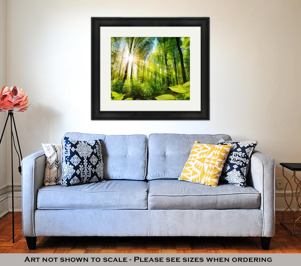 Framed Print, Scenic Forest Of Fresh Green Deciduous Trees Framed By Leaves With The Sun - ultrawallart.com