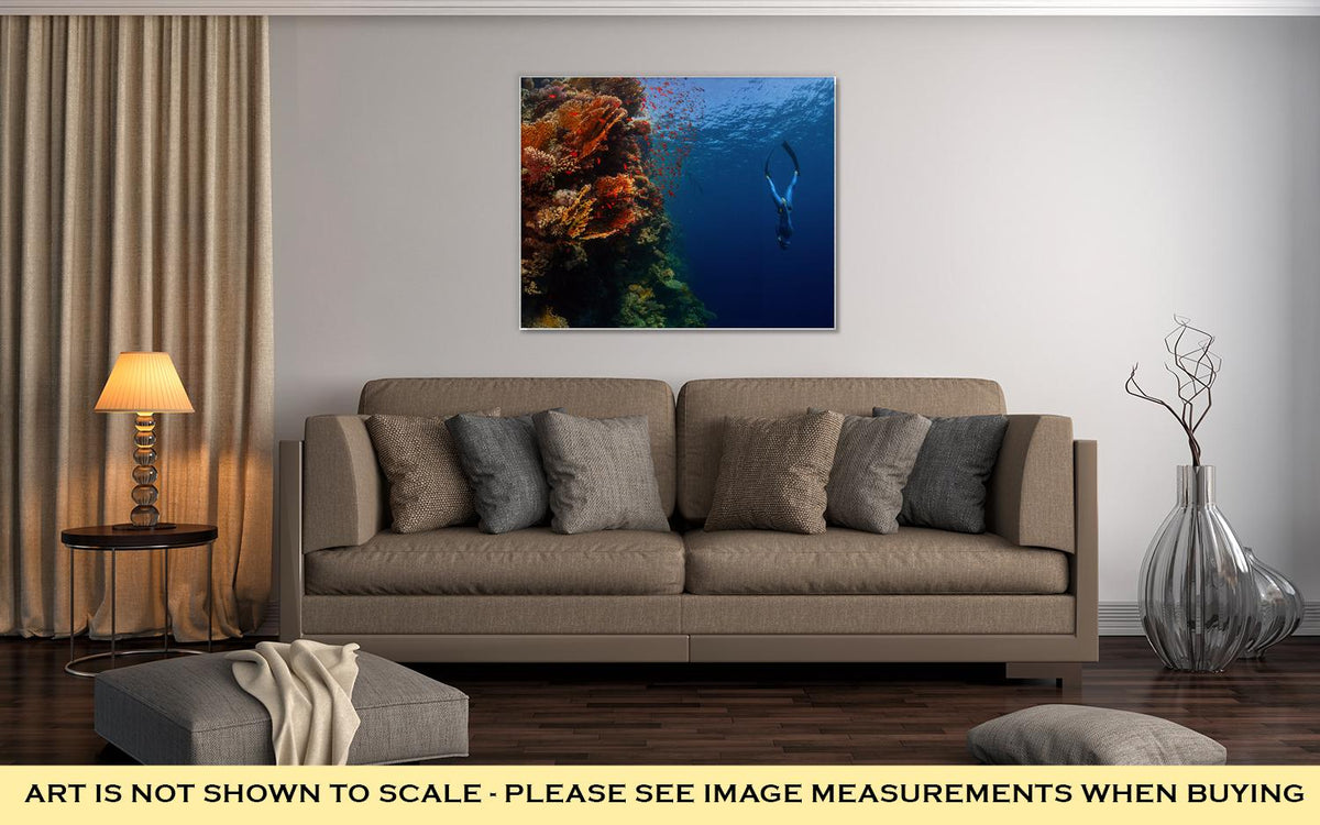 Gallery Wrapped Canvas, Freediver Descending Along The Vivid Reef Wall Red Sea Egypt - ultrawallart.com
