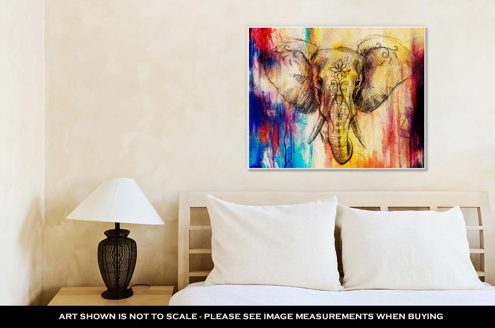 Gallery Wrapped Canvas, Elephant With Floral Ornament Pencil Drawing On Paper Color Effect And Computer - ultrawallart.com
