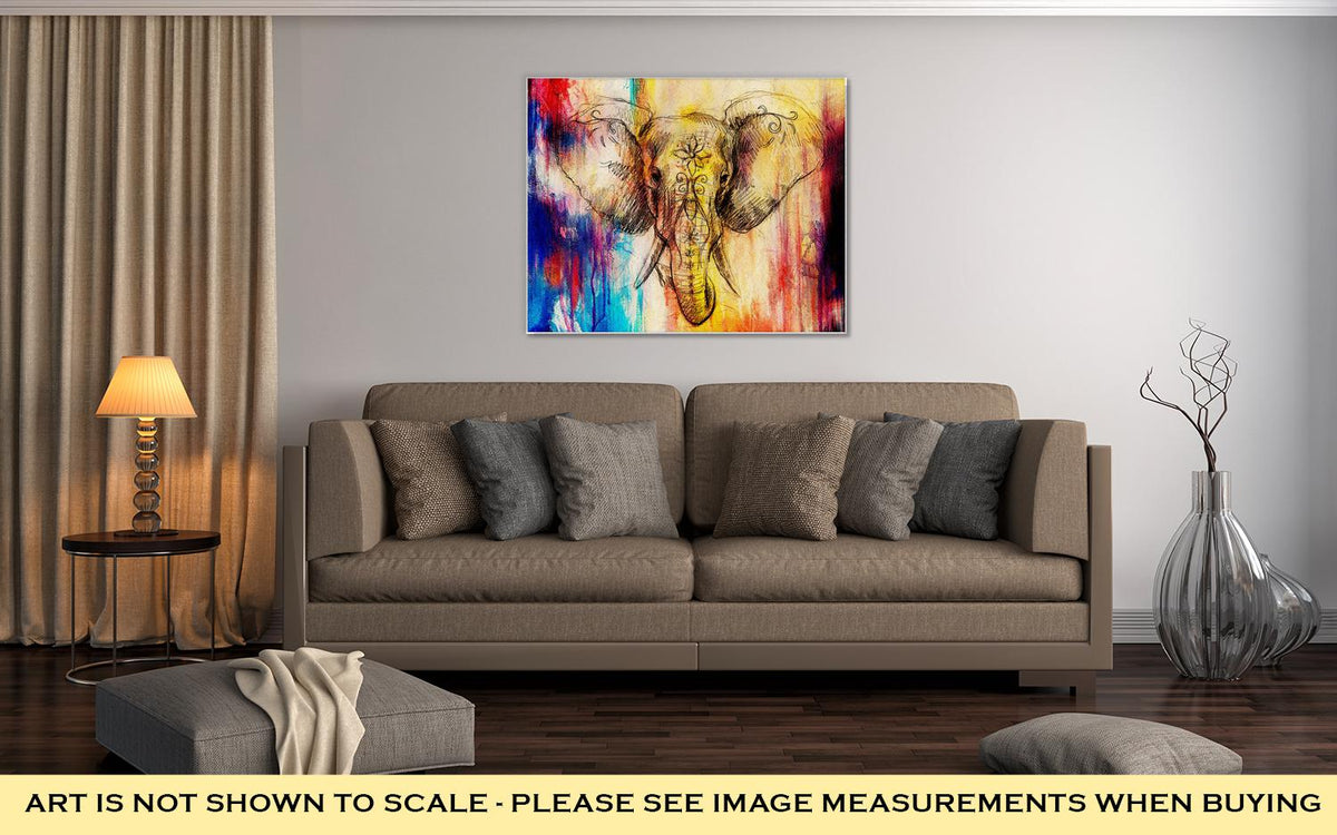 Gallery Wrapped Canvas, Elephant With Floral Ornament Pencil Drawing On Paper Color Effect And Computer - ultrawallart.com
