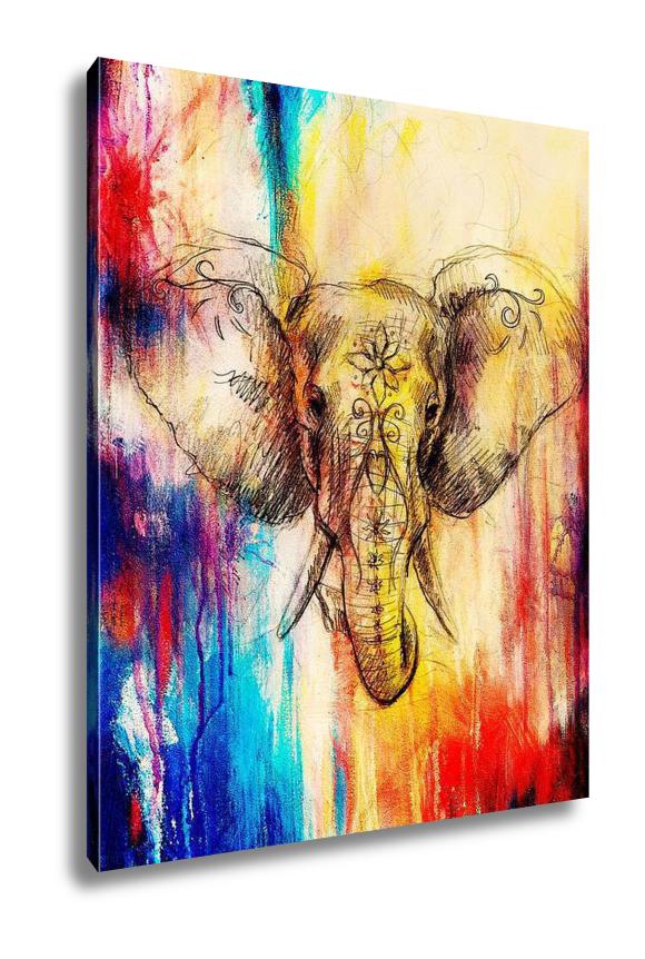 Gallery Wrapped Canvas, Elephant With Floral Ornament Pencil Drawing On Paper Color Effect And Computer - ultrawallart.com