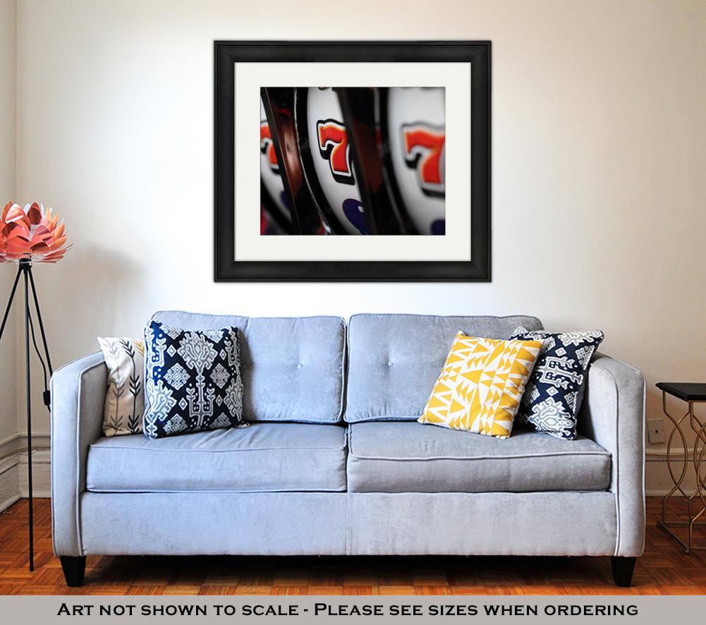 Framed Print, Close Up Of Three Seven Jackpot On Casino Slot Machine - ultrawallart.com