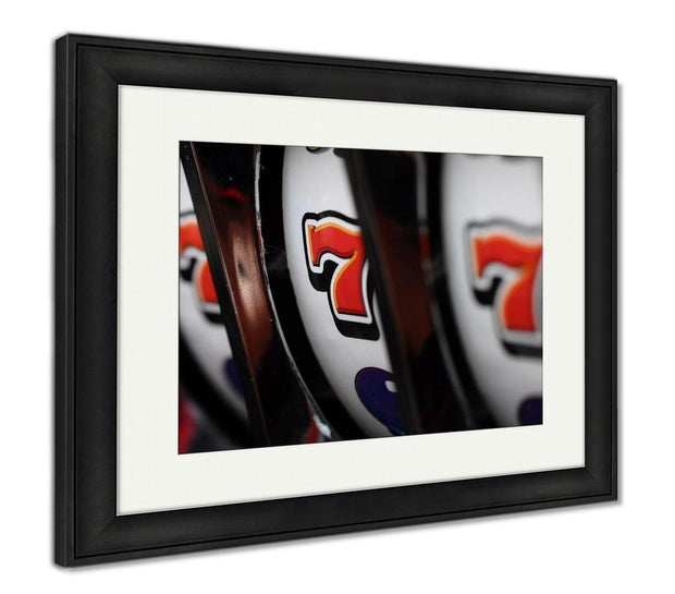 Framed Print, Close Up Of Three Seven Jackpot On Casino Slot Machine - ultrawallart.com