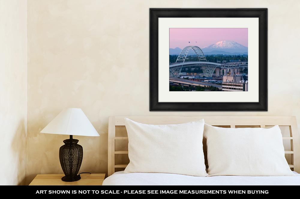 Framed Print, Alpenglow On Mount St Helens Mt Rainier Portlands Fremont Bridge - ultrawallart.com