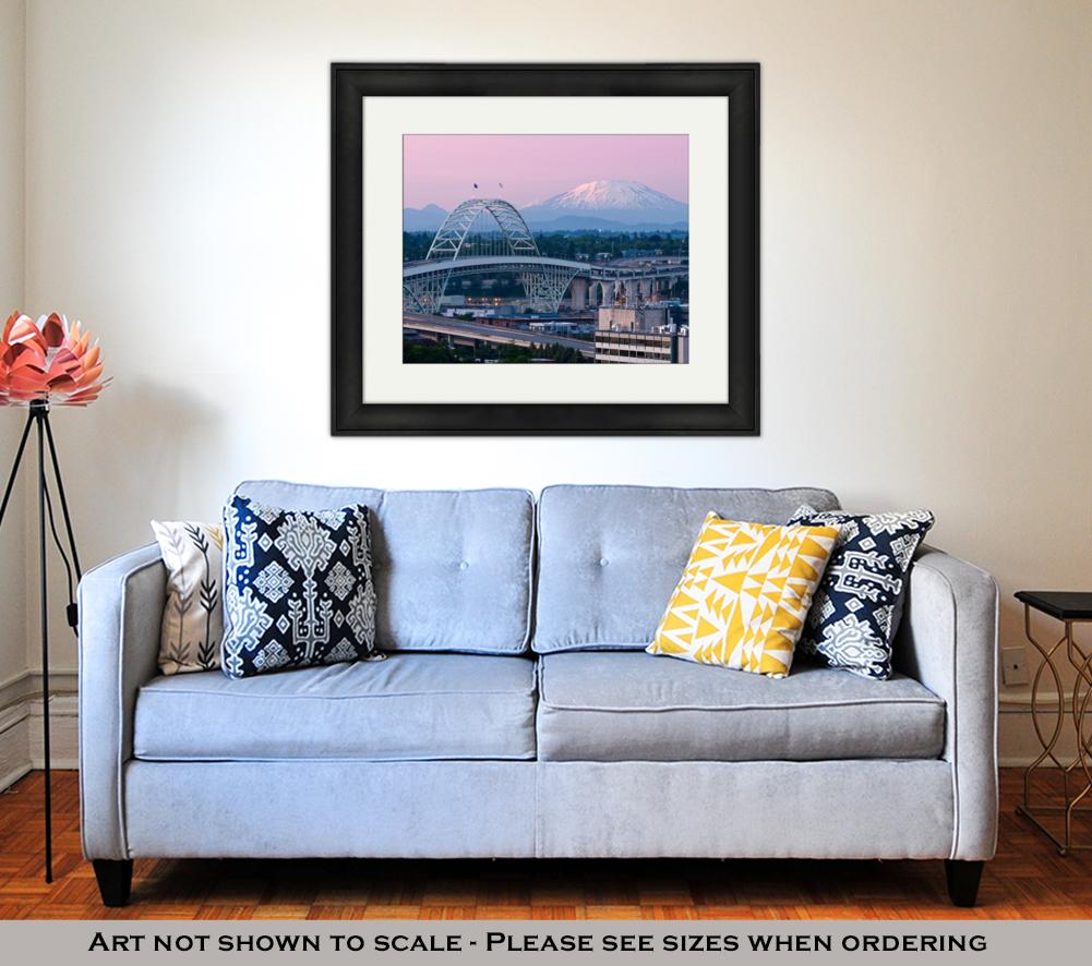 Framed Print, Alpenglow On Mount St Helens Mt Rainier Portlands Fremont Bridge - ultrawallart.com