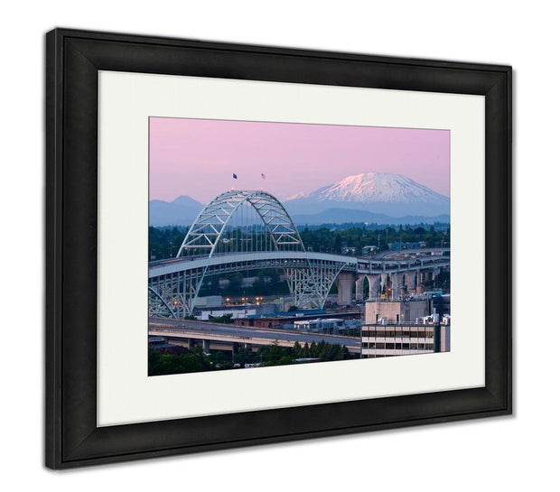 Framed Print, Alpenglow On Mount St Helens Mt Rainier Portlands Fremont Bridge - ultrawallart.com