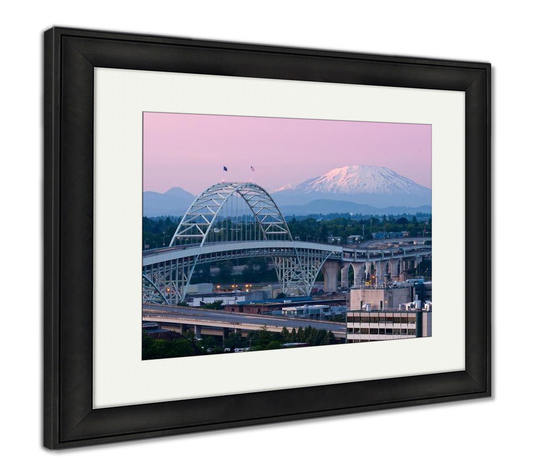 Framed Print, Alpenglow On Mount St Helens Mt Rainier Portlands Fremont Bridge - ultrawallart.com