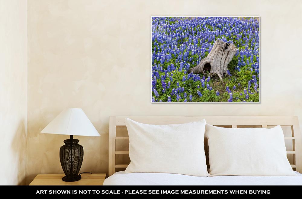 Gallery Wrapped Canvas, Austin Beautiful Texas Bluebonnets Field And Tree Stump - ultrawallart.com