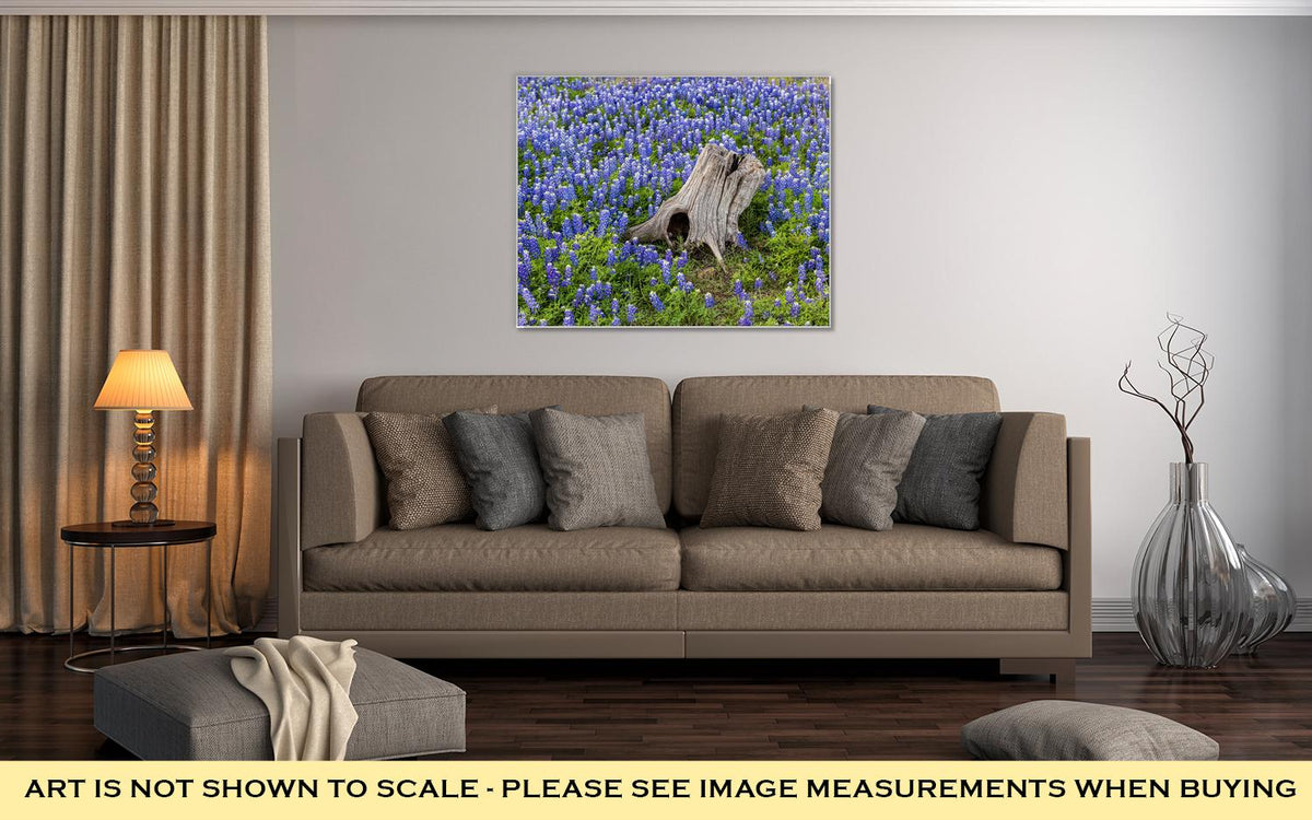 Gallery Wrapped Canvas, Austin Beautiful Texas Bluebonnets Field And Tree Stump - ultrawallart.com