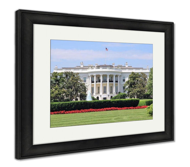 Framed Print, White House From South Lawn On Summer Day Flowers And Fountain Truman - ultrawallart.com