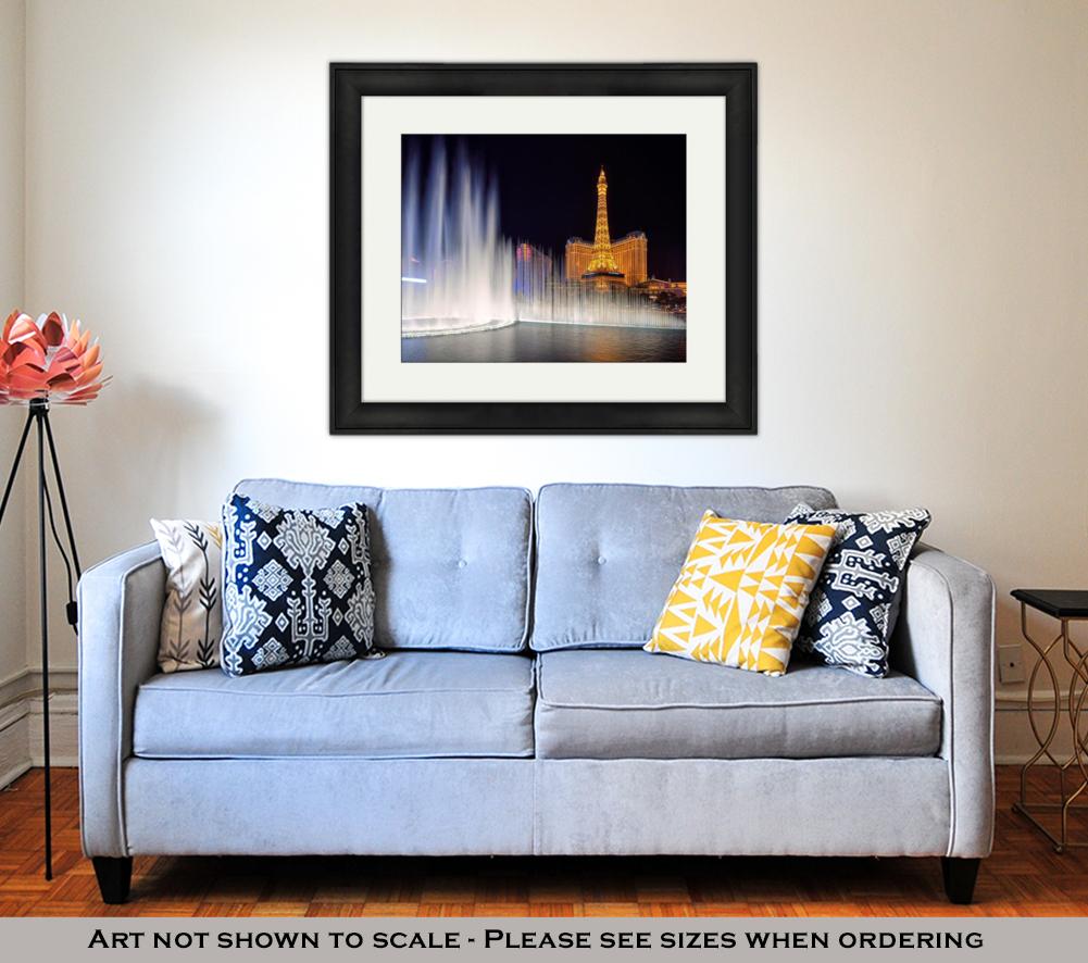 Framed Print, Las Vegas March 26 View Dancing Bellagio Fountains In Front Of The Paris Hotel - ultrawallart.com