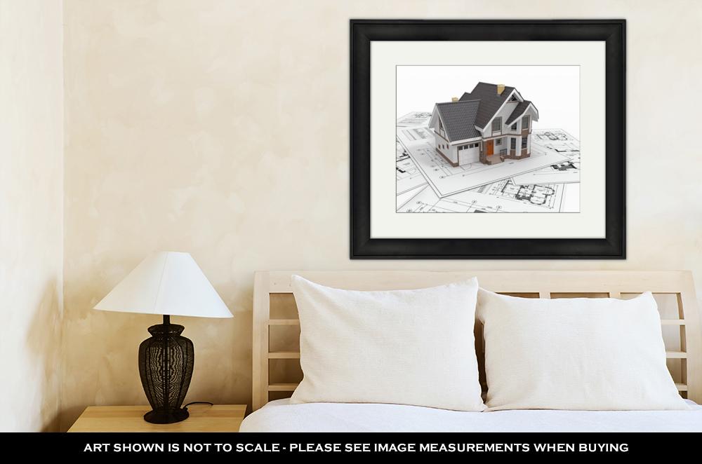 Framed Print, Residential House On Architect Blueprints Housing Project - ultrawallart.com