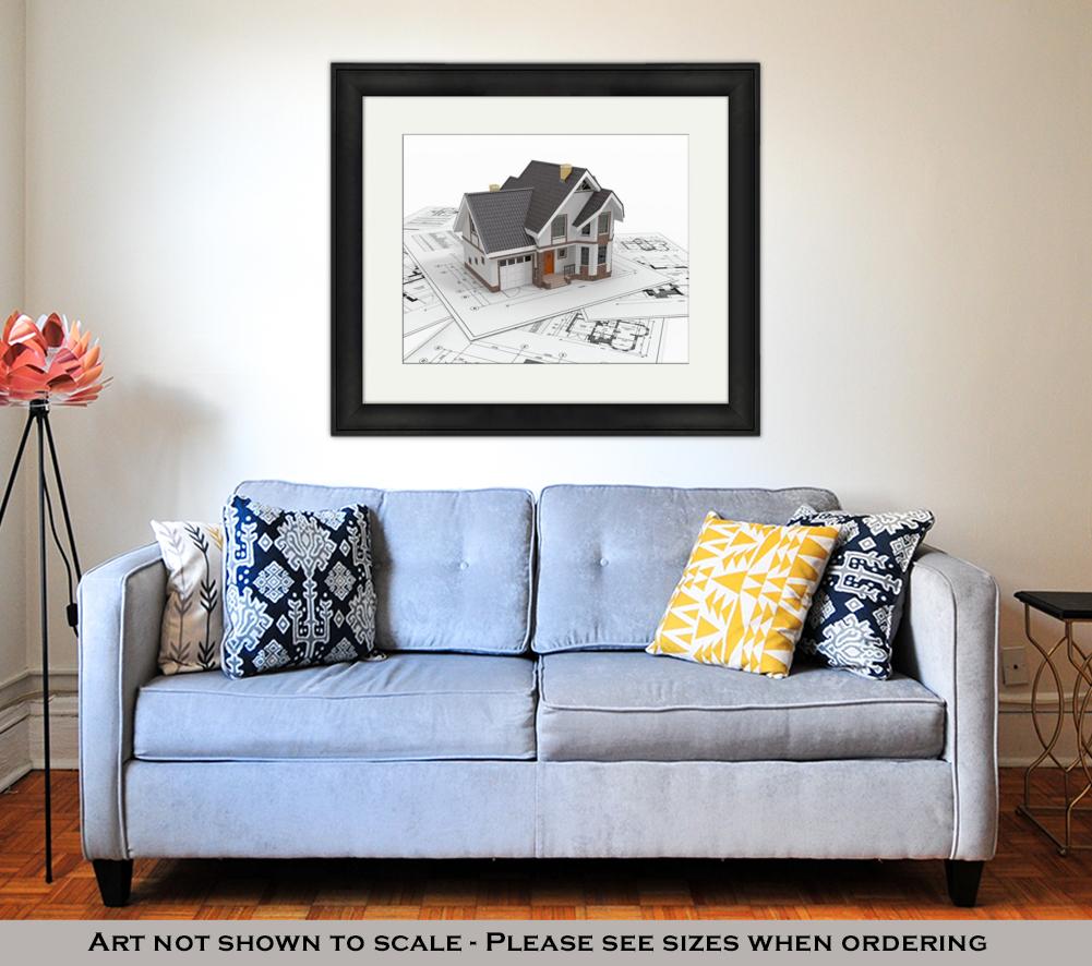 Framed Print, Residential House On Architect Blueprints Housing Project - ultrawallart.com
