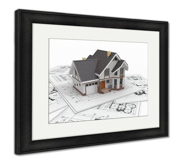 Framed Print, Residential House On Architect Blueprints Housing Project - ultrawallart.com