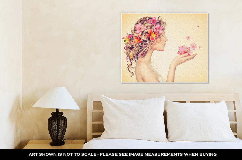 Gallery Wrapped Canvas, Fantasy Art Beauty Girl Takes Beautiful Flowers Her Hands - ultrawallart.com