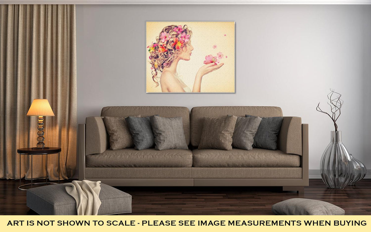 Gallery Wrapped Canvas, Fantasy Art Beauty Girl Takes Beautiful Flowers Her Hands - ultrawallart.com