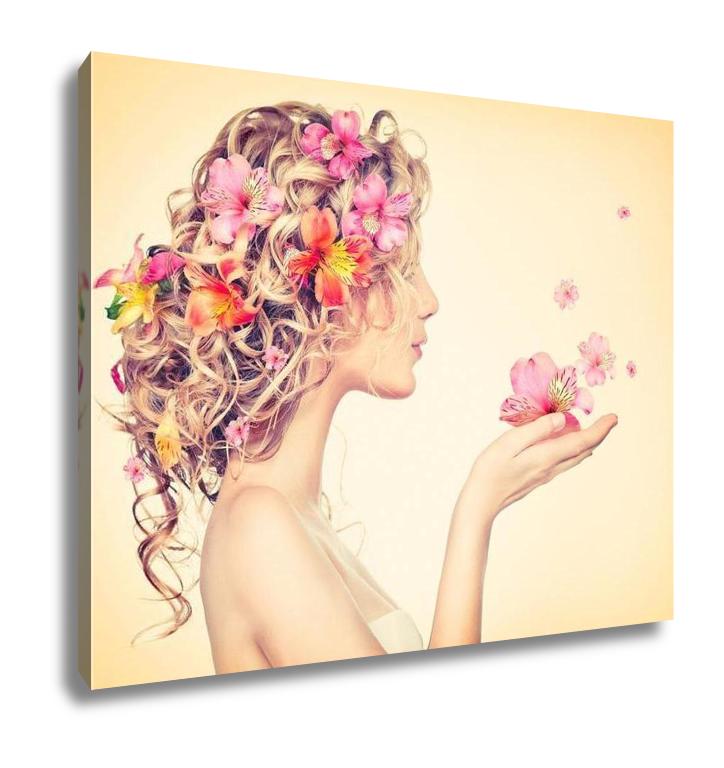 Gallery Wrapped Canvas, Fantasy Art Beauty Girl Takes Beautiful Flowers Her Hands - ultrawallart.com