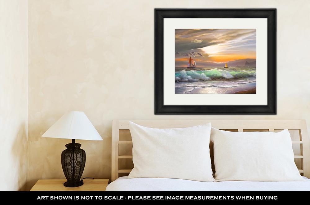 Framed Print, Oil Painting On Canvas Sailboat Against A Of Sea Sunset - ultrawallart.com