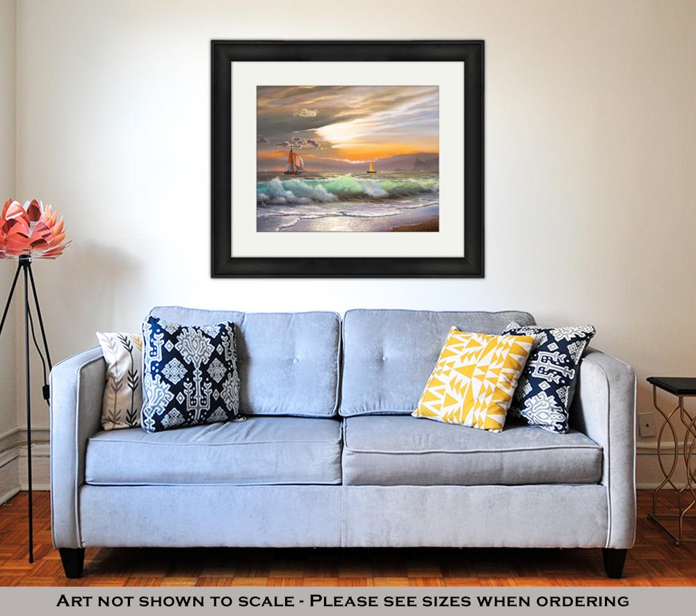 Framed Print, Oil Painting On Canvas Sailboat Against A Of Sea Sunset - ultrawallart.com