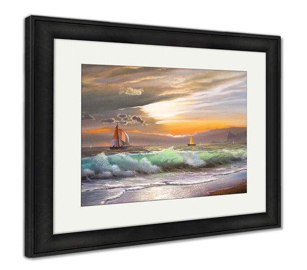 Framed Print, Oil Painting On Canvas Sailboat Against A Of Sea Sunset - ultrawallart.com
