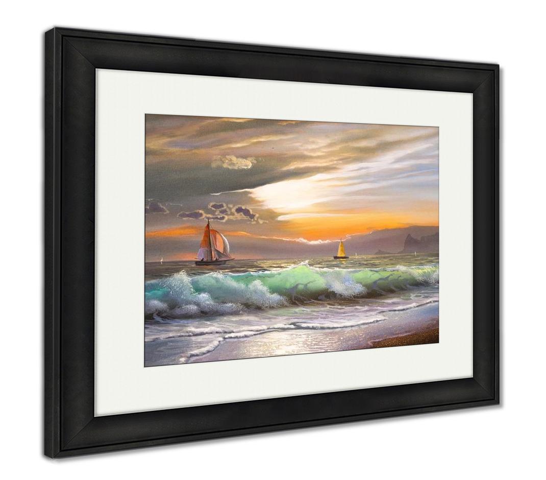 Framed Print, Oil Painting On Canvas Sailboat Against A Of Sea Sunset - ultrawallart.com