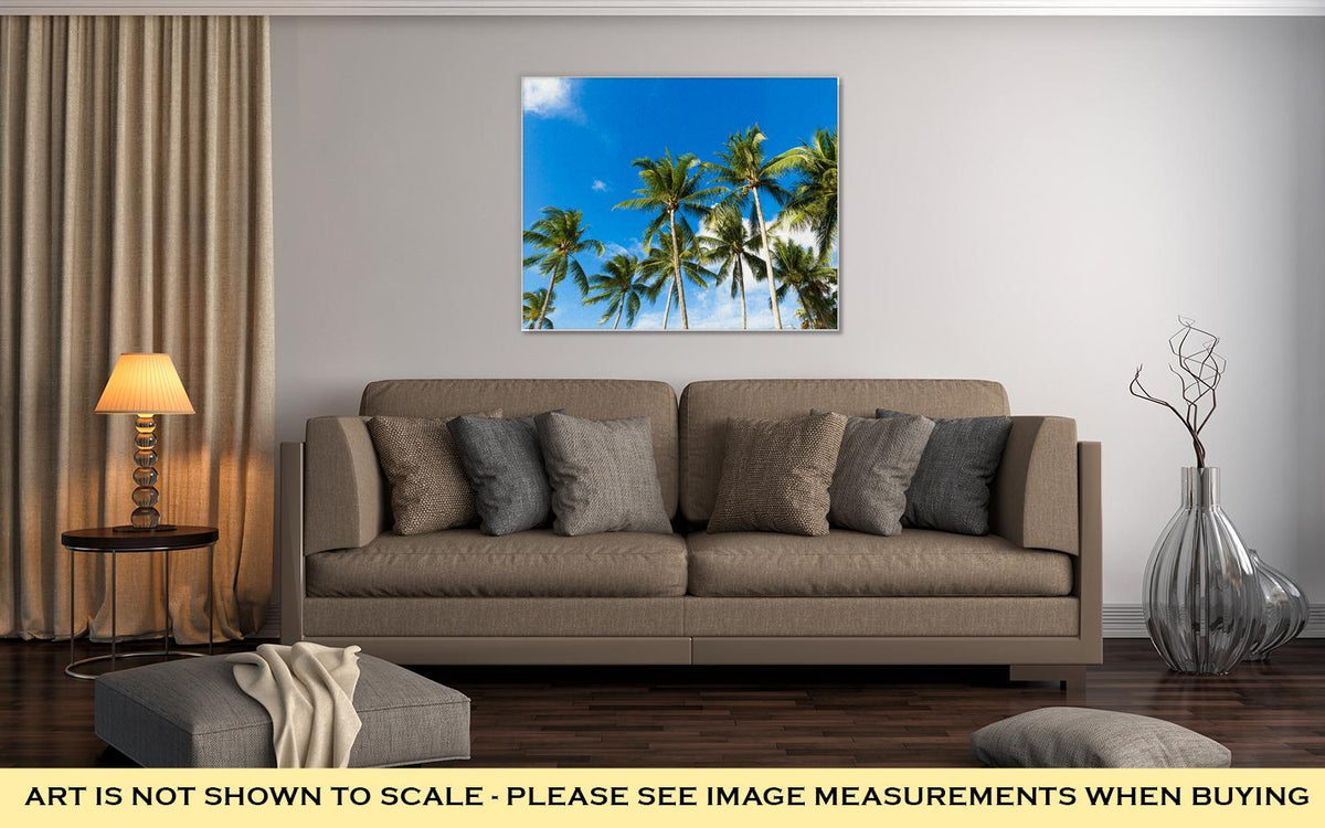 Gallery Wrapped Canvas, Tropical Palm Trees In The Blue Sunny Sky - ultrawallart.com