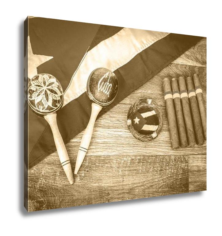 Gallery Wrapped Canvas, Retro Photo Table With Cuban Items - ultrawallart.com