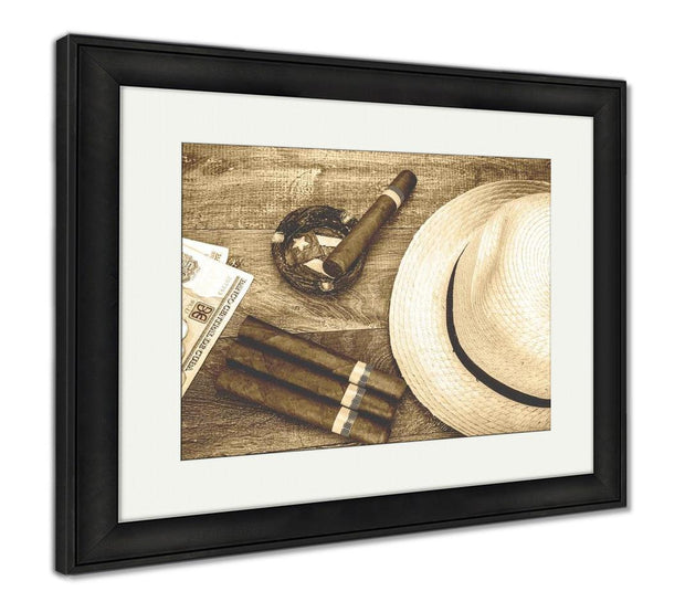 Framed Print, Retro Photo Table With Cuban Items - ultrawallart.com