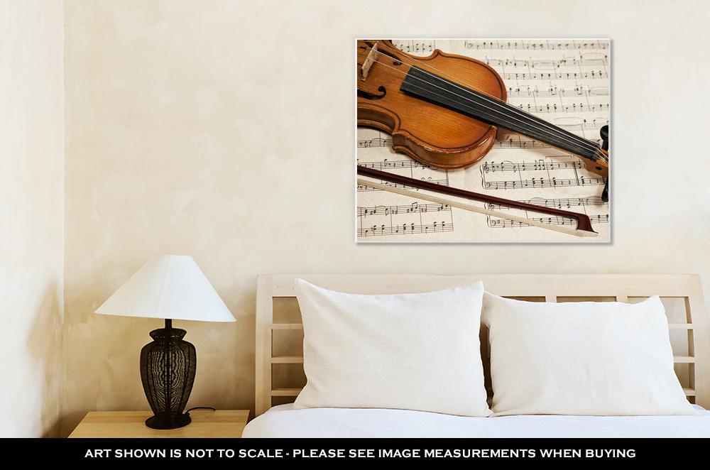 Gallery Wrapped Canvas, Old Violin And Bow On Musical Notes - ultrawallart.com