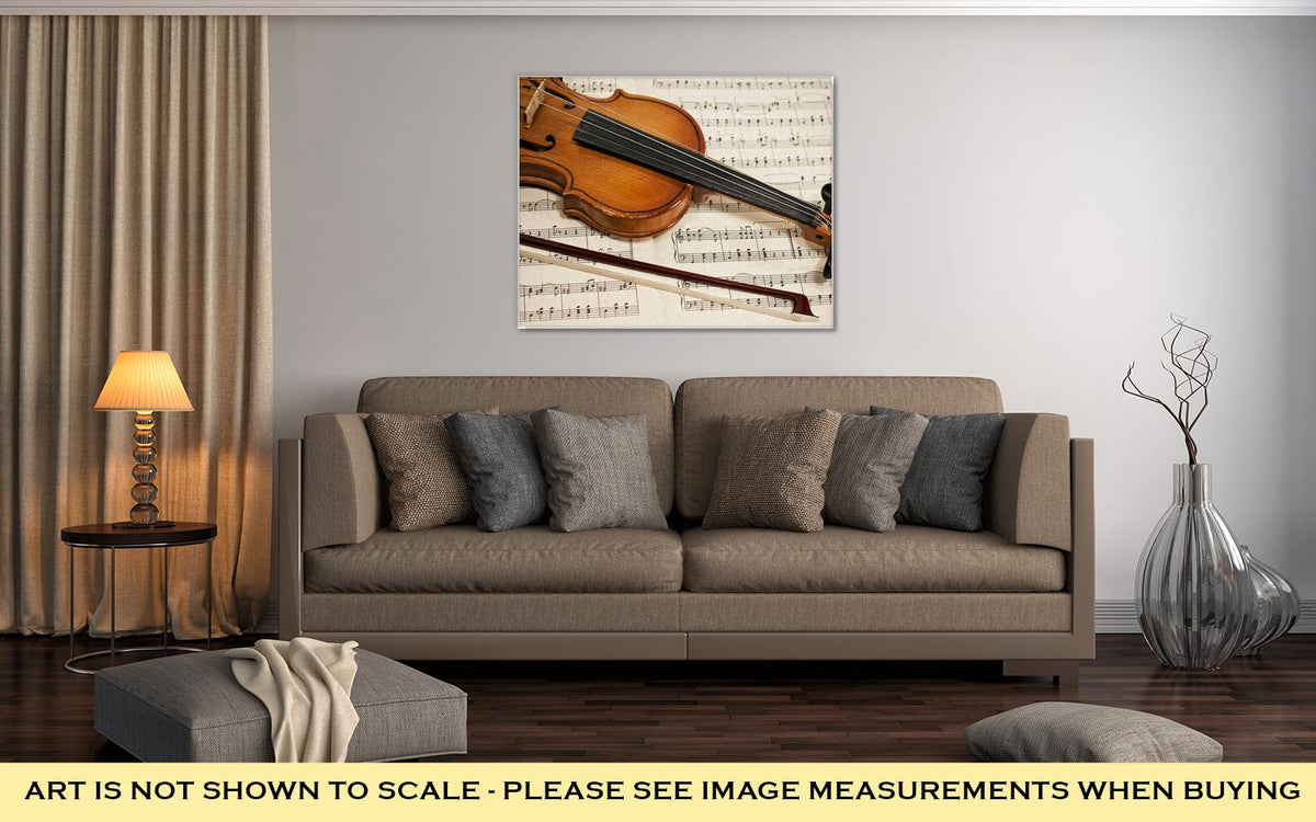 Gallery Wrapped Canvas, Old Violin And Bow On Musical Notes - ultrawallart.com
