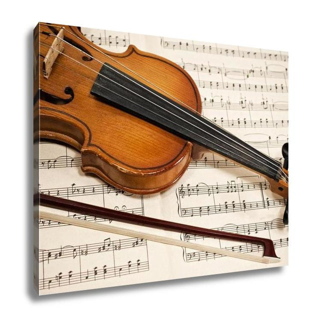 Gallery Wrapped Canvas, Old Violin And Bow On Musical Notes - ultrawallart.com