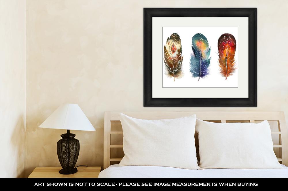 Framed Print, Hand Drawn Watercolor Feather Set Boho Style Illustration Iso - ultrawallart.com