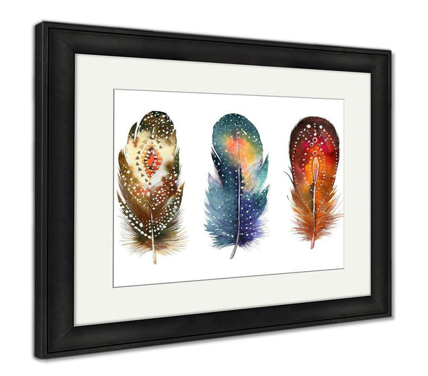 Framed Print, Hand Drawn Watercolor Feather Set Boho Style Illustration Iso - ultrawallart.com