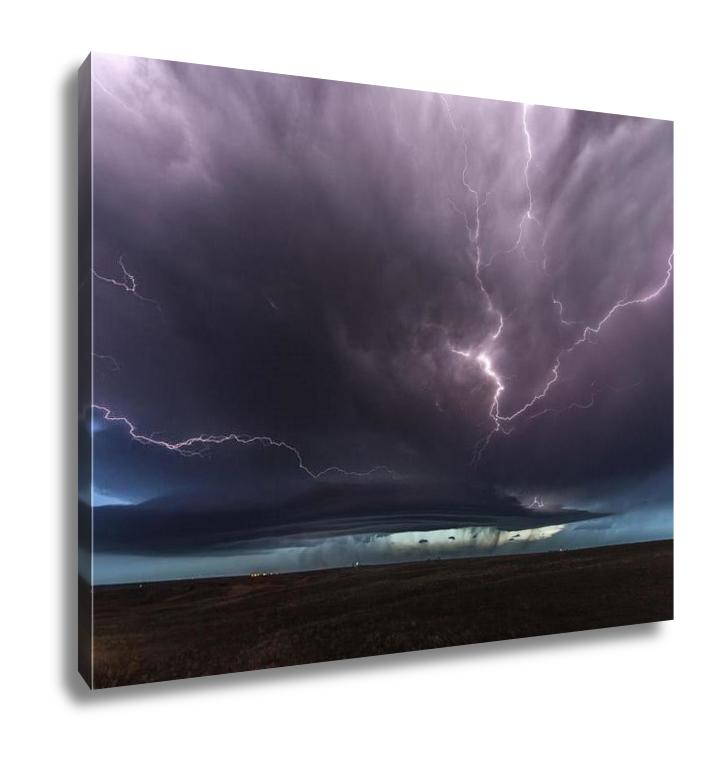 Gallery Wrapped Canvas, Amazing Supercell Lighted Up By Lightnings At Dusk - ultrawallart.com