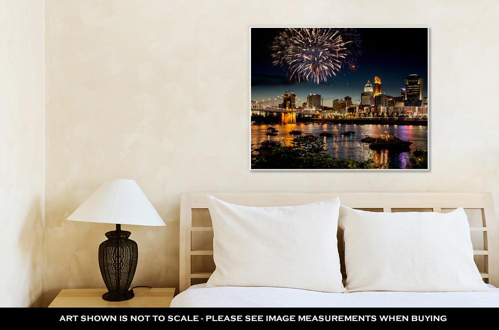 Gallery Wrapped Canvas, Fireworks Over Skyline Ohio River At A Fourth Of July Festival In Cincinnati - ultrawallart.com