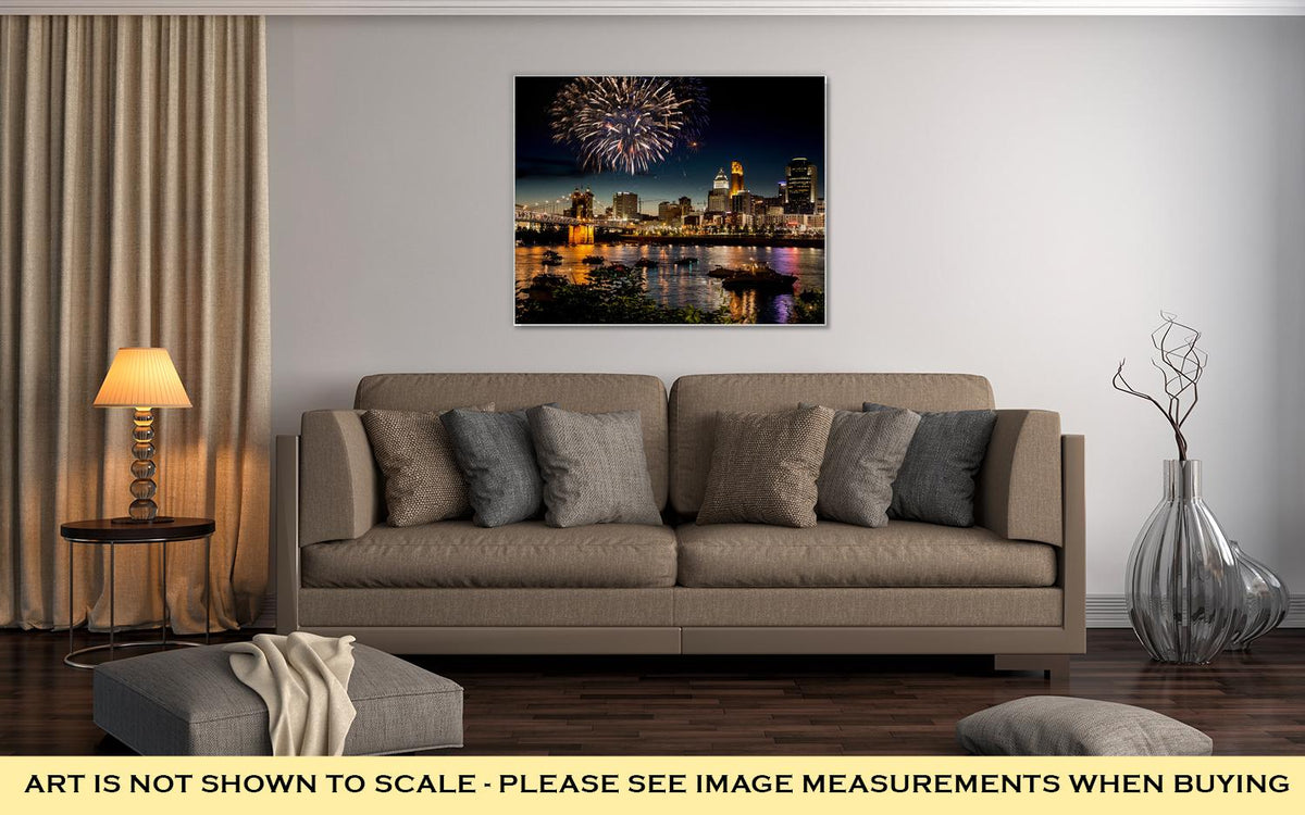 Gallery Wrapped Canvas, Fireworks Over Skyline Ohio River At A Fourth Of July Festival In Cincinnati - ultrawallart.com