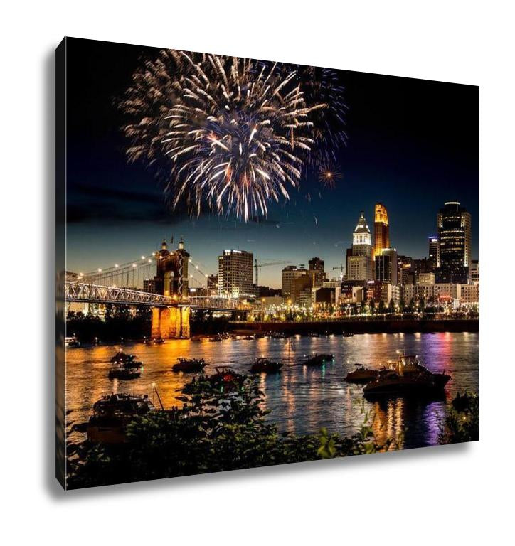 Gallery Wrapped Canvas, Fireworks Over Skyline Ohio River At A Fourth Of July Festival In Cincinnati - ultrawallart.com