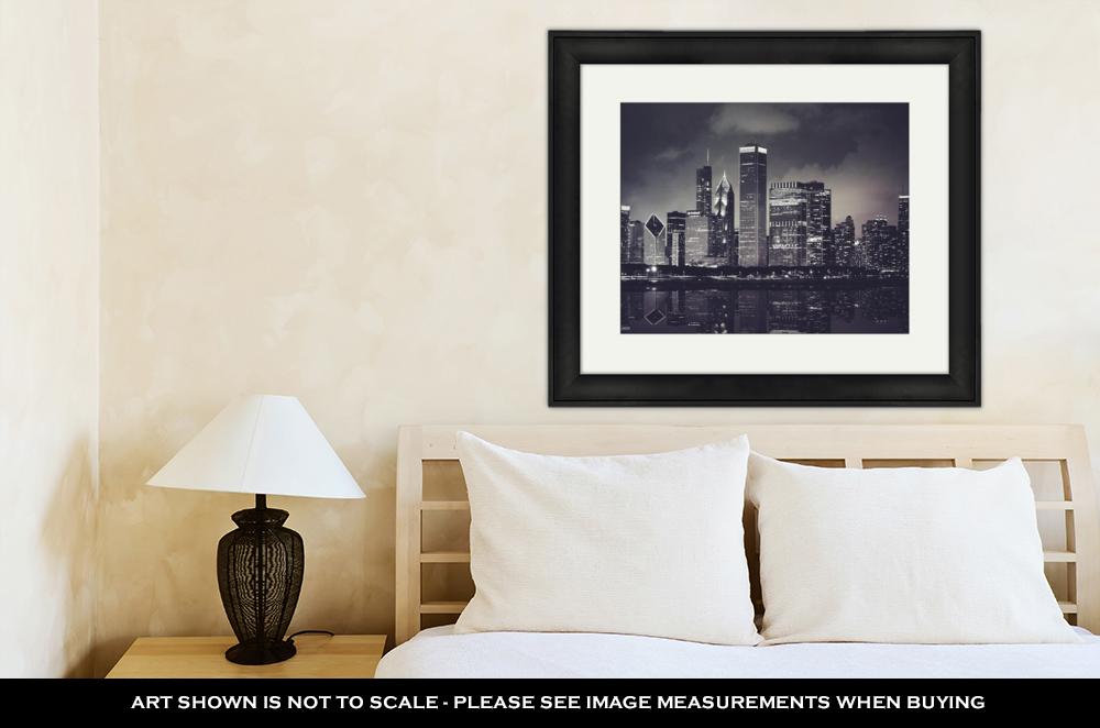 Framed Print, Chicago Night Time Skyline Photo With Michigan Lake Reflection Chicago Illinois - ultrawallart.com