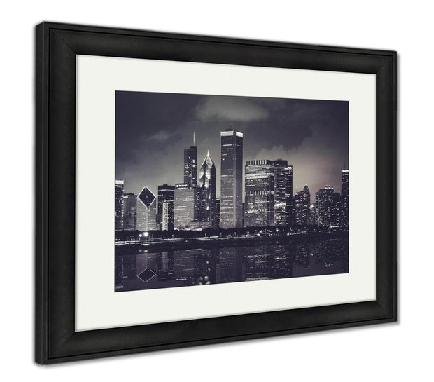 Framed Print, Chicago Night Time Skyline Photo With Michigan Lake Reflection Chicago Illinois - ultrawallart.com