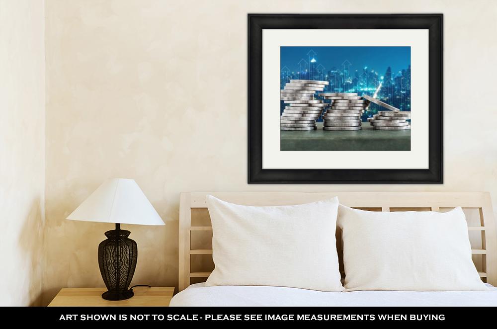 Framed Print, Coin Stacks With Finance Growth Up And Cityscape - ultrawallart.com