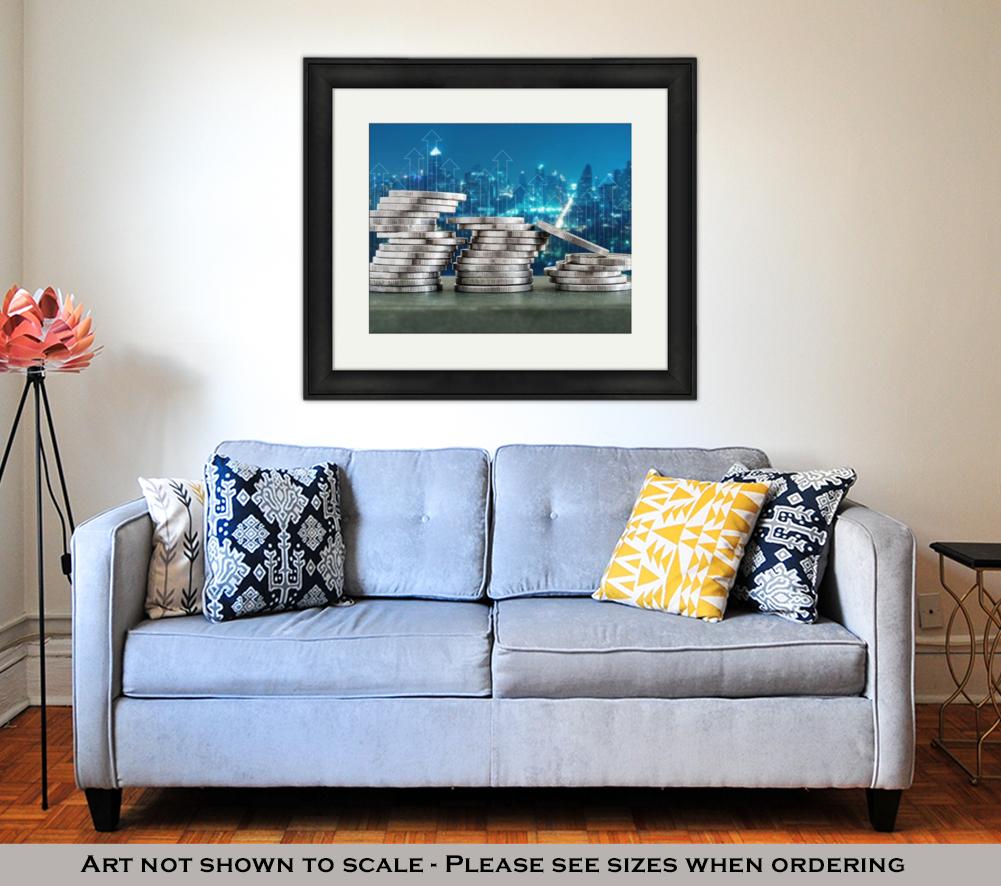 Framed Print, Coin Stacks With Finance Growth Up And Cityscape - ultrawallart.com