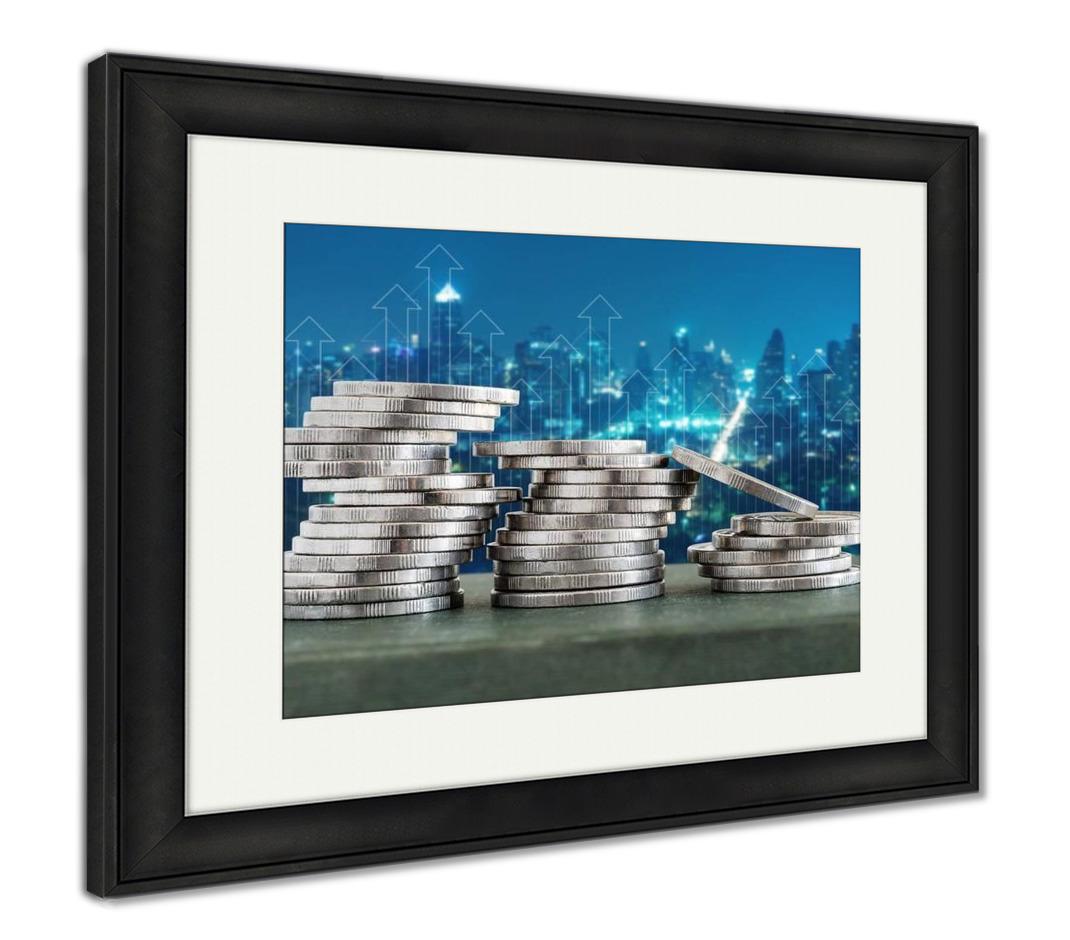 Framed Print, Coin Stacks With Finance Growth Up And Cityscape - ultrawallart.com