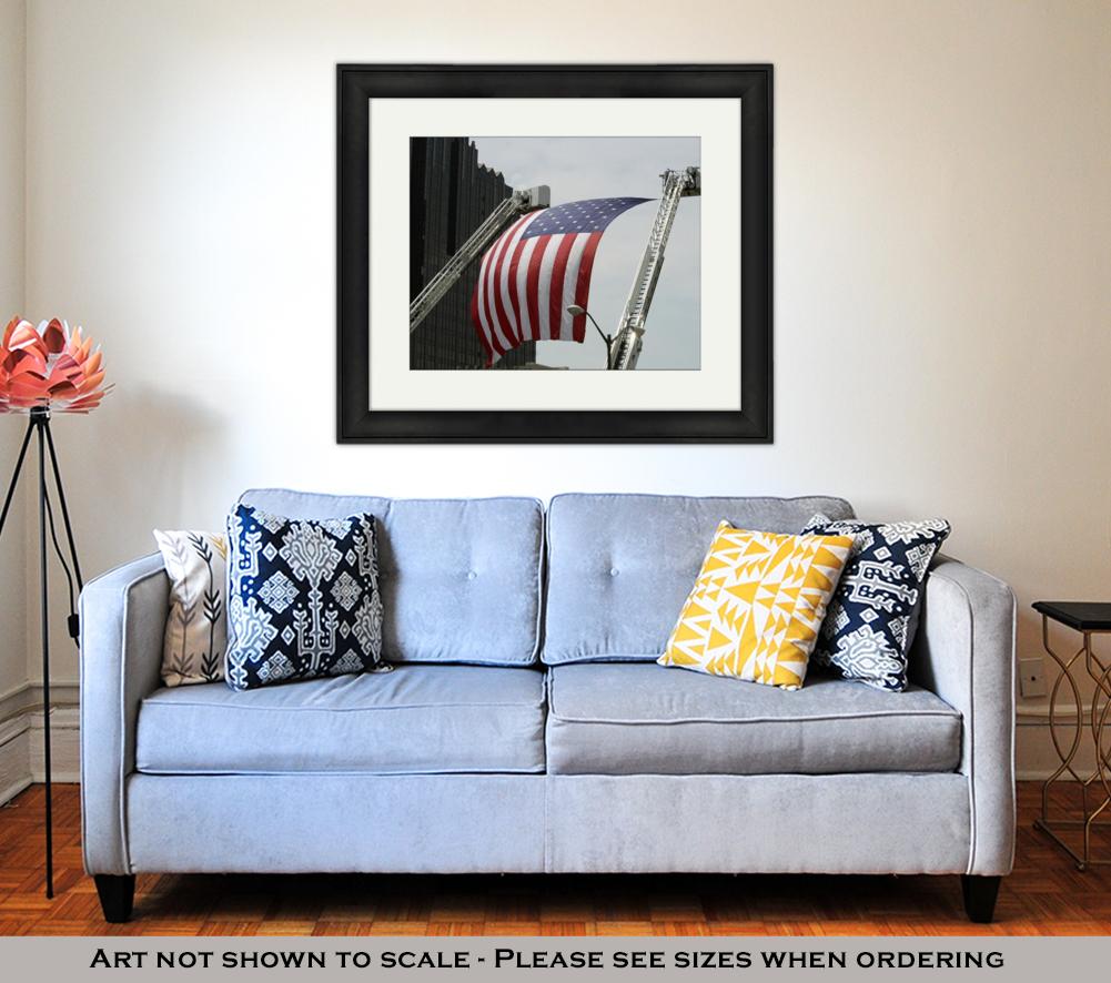 Framed Print, An Large American Flag Hanging Between Firefighter Truck Ladders - ultrawallart.com