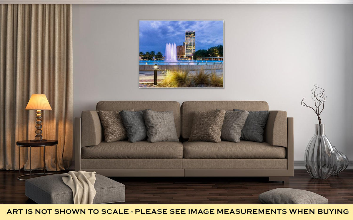 Gallery Wrapped Canvas, Jacksonville Florida City Lights At Night With Fountain - ultrawallart.com