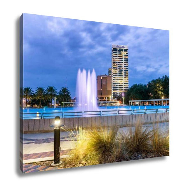 Gallery Wrapped Canvas, Jacksonville Florida City Lights At Night With Fountain - ultrawallart.com