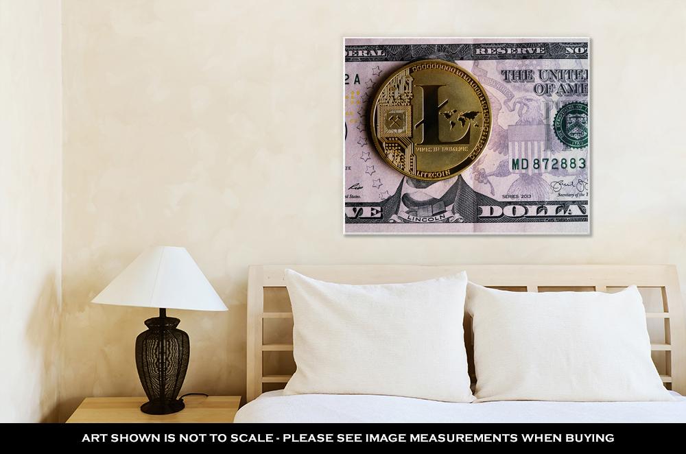 Gallery Wrapped Canvas, Litecoin On Five Dollar Banknote Cryptocurrency Trading Concept - ultrawallart.com