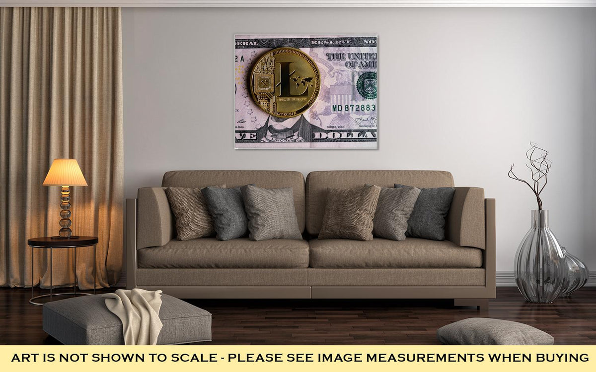 Gallery Wrapped Canvas, Litecoin On Five Dollar Banknote Cryptocurrency Trading Concept - ultrawallart.com