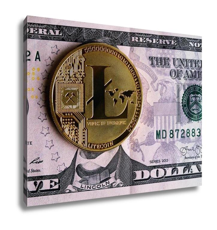 Gallery Wrapped Canvas, Litecoin On Five Dollar Banknote Cryptocurrency Trading Concept - ultrawallart.com