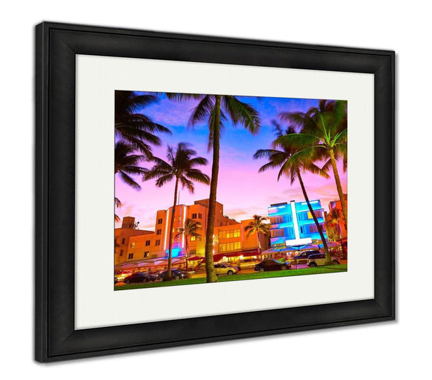Framed Print, Miami Beach South Beach Sunset In Ocean Drive Florida Art Decor - ultrawallart.com