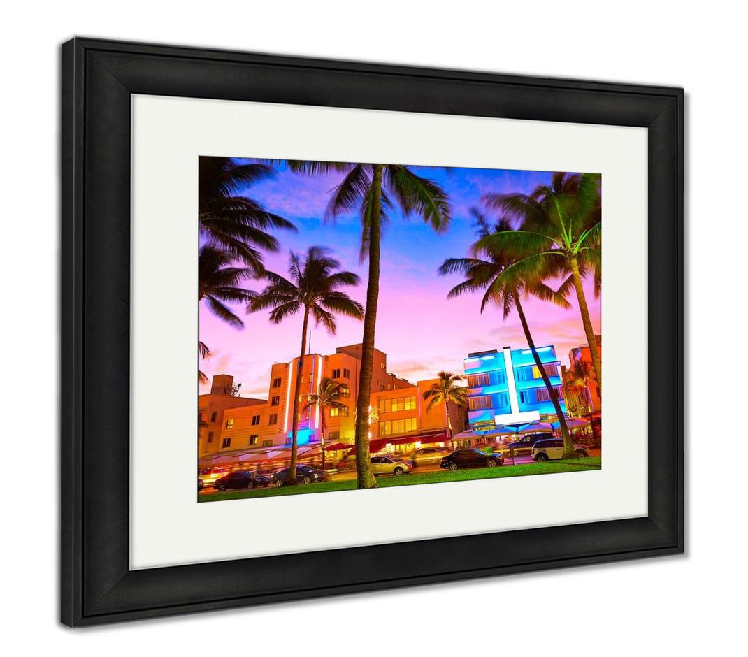 Framed Print, Miami Beach South Beach Sunset In Ocean Drive Florida Art Decor - ultrawallart.com